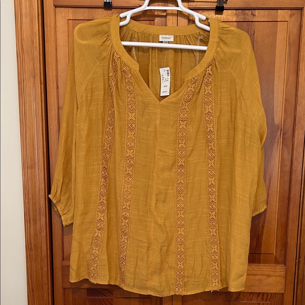 Avenue Mustard Boho Lace-Trim Peasant Top